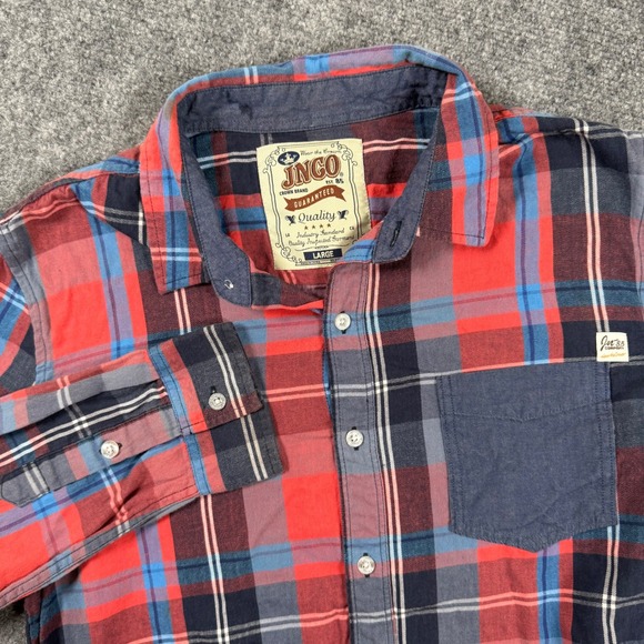 JNCO Crown Brand Shirt Large Red Blue Flannel Plaid Button Up Cotton Flaw Men's - Picture 1 of 9
